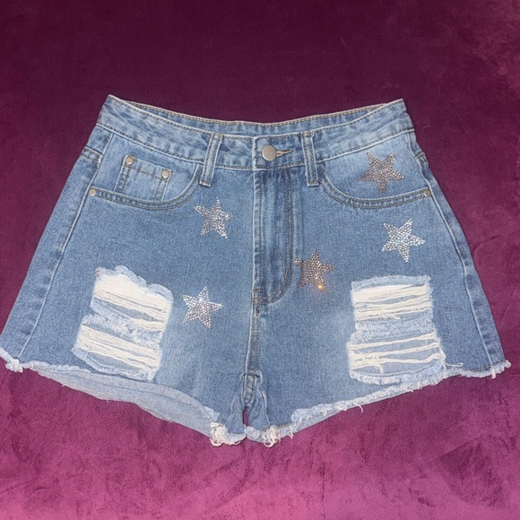 Pants - Denim Star-Embellished Women's Shorts Blue Jean Distressed Higheise Cutoff Small